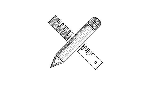 Black line Crossed ruler and pencil icon isolated on white background. Straightedge symbol. Drawing and educational tools. 4K Video motion graphic animation