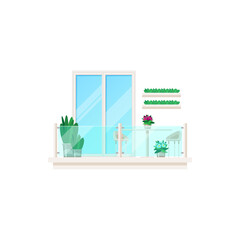 Balcony, architecture exterior of house building, vector glass door and window facade front. Glass balcony of modern house building with flower plants, urban apartments or mansion patio flat icon