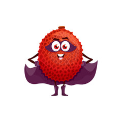 Lychee fruit superhero cartoon character, vector tropical fruit in super hero costume and mask. Lychee or litchi fruit as powerful superhero, food superpower