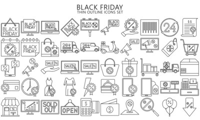 Black Friday thin outline Icon set isolated on a white background. store, discount, sales, marketing, shopping symbols for mobile apps, UI or UX kit and applications, EPS 10 ready convert to SVG