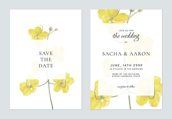 Floral wedding invitation card template golden shower flowers on white
