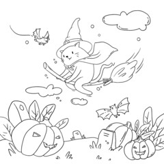 A coloring page of the Halloween concept on white background with sweets, bats, and spiders. Cat flying on a broomstick in a witch's hat in the clouds. Composition with pumpkins and gravestones.