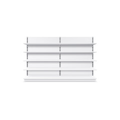 Shelf realistic store display product showcase stand isolated realistic icon 3D white metal model. Vector trade shelf mockup, shop rack, supermarket warehouse shelving racks with detachable shelves © Vector Tradition