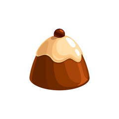 Chocolate candy, sweet dessert, vector choco candy made of dark chocolate with white topping and decor on top. Cocoa patisserie with praline or liquor filling. cartoon sweets product