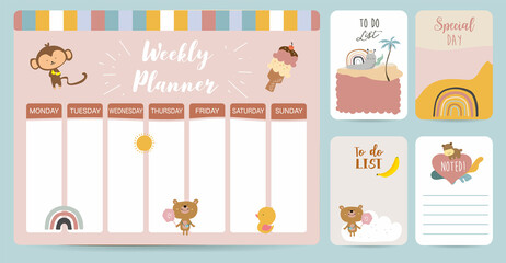 Weekly planner start on Sunday with animal and sun,to do list that use for vertical digital and printable A4 A5 size