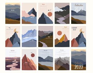 Fototapeta 2022 table calendar week start on Sunday with mountain and sun that use for vertical digital and printable A4 A5 size obraz