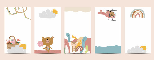 Cute background for social media.Set of story with rainbow,bear,tree