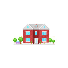 Vector house exterior with c windows and garden trees isolated cartoon american luxury patio. Vector vintage chalet country house, contemporary building with trees, red wooden chalet, parked car