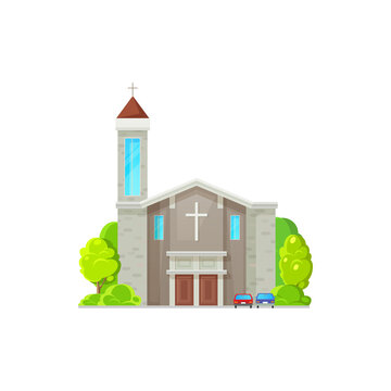 Baptist or evangelical tower, christian church isolated catholic chapel with cross on top. Vector holly place, cathedral monastery with orthodox facade exterior building, medieval architecture