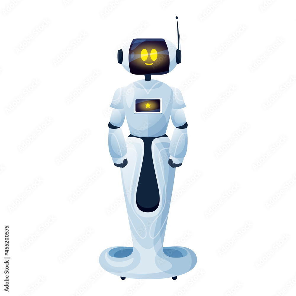 Poster Artificial intelligence robotic machine robot man on stand isolated. Vector android toy on remote control, smart robotic assistant chatbot. Automated helper with antenna on hand, electronic cyborg