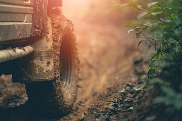 Part of the muddy off-road wheels On a muddy road in the evergreen forest adventure concept forest...