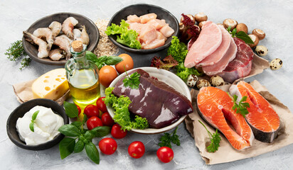 Food high in vitamin B on light gray background.