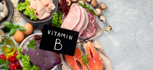 Food high in vitamin B on light gray background.