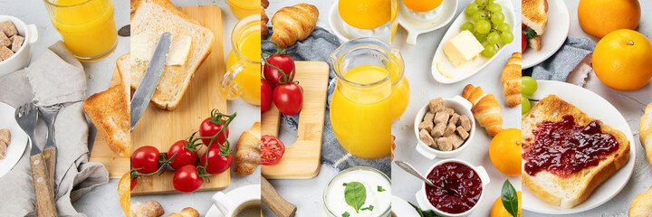 Collage of delicious fresh breakfast served with drinks, croissants and fruits.