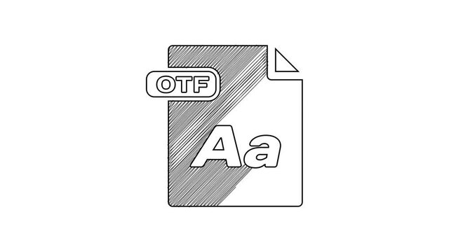 Black line OTF file document. Download otf button icon isolated on white background. OTF file symbol. 4K Video motion graphic animation