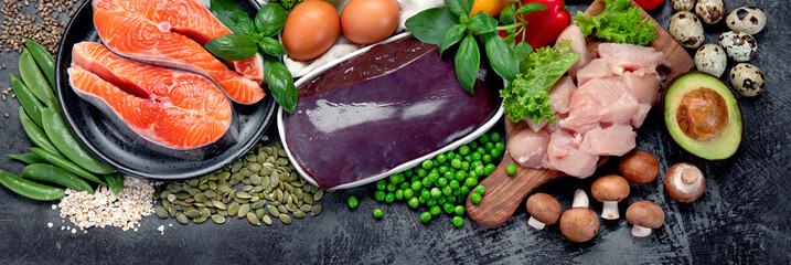 Food high in vitamin B5 on dark background.