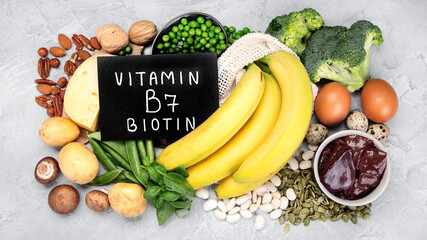 Food high in vitamin B7 on dark background.