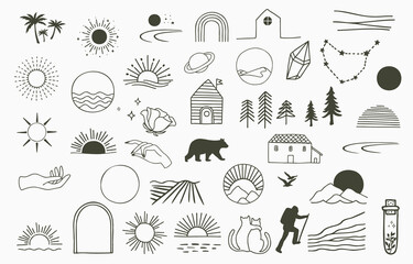 Collection of line design with sun,tree.Editable vector illustration for website, sticker, tattoo,icon