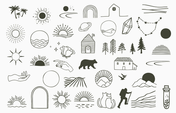 Collection of line design with sun,tree.Editable vector illustration for website, sticker, tattoo,icon