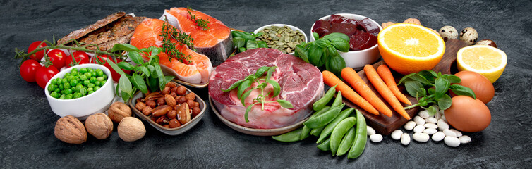 Food high in vitamin B3 on dark background.