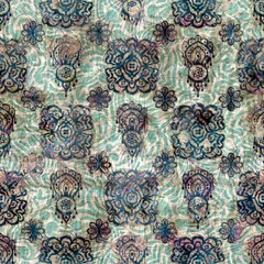 Seamless elegant mixed media pattern in navy, blue, pink, and cream. High quality illustration. Ornate and highly detailed and textured realistic faux collage. Sophisticated intense textile design.