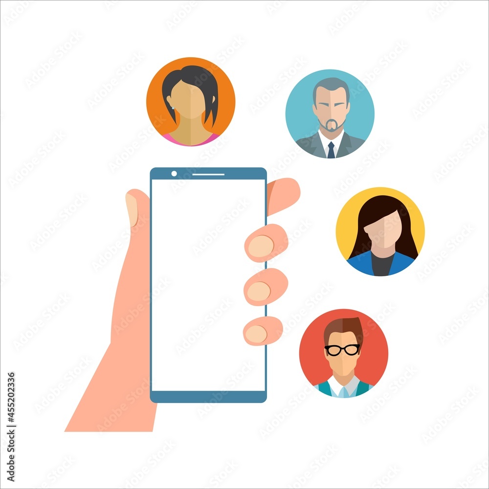 Poster social media vector design with a mobile on hand and floating characters. digital mobile design for 