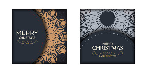 Merry Christmas vector template for printable design greeting card in gray color with orange winter patterns.
