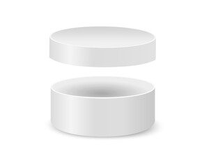 Round cardboard box with removed lid mockup. Open white cylinder package isolated on white background. Container for hat, gift, cosmetics, cookies. Vector realistic illustration.