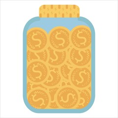 Golden coins falling into a jar design. Saving money concept vector illustration. Charity donation vector design with a jar and lots of gold coins. Save money and growing of finance design.