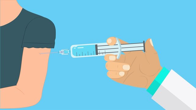 A Doctor gives a vaccine syringe to a patient vector design. A doctor uses a syringe to give the vaccine to a patient, a vector illustration. Vaccination campaign digital cartoon photography.