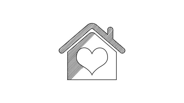 Black line House with heart shape icon isolated on white background. Love home symbol. Family, real estate and realty. 4K Video motion graphic animation