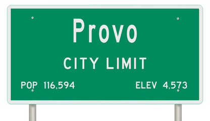 Rendering of a green Utah highway sign with city information
