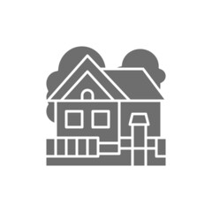 Vector country house, cottage landscape grey icon.