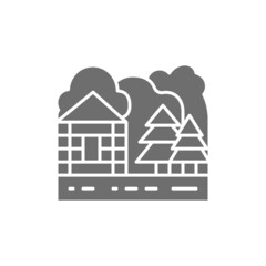 Forest house and nature landscape grey icon.