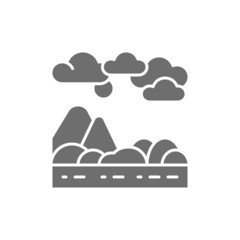 Vector mountains and hills landscape grey icon.