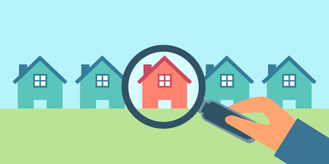 Hand holding magnifying glass to choose residential house in flat design. Choose house location for sale or rent concept. Home buying vector illustration.