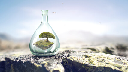 Tree growing inside clear glass bottle . Mixed media