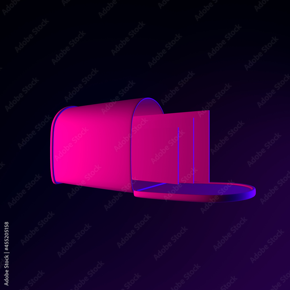 Poster neon mailbox icon with letters. 3d rendering ui ux interface element. dark glowing symbol.