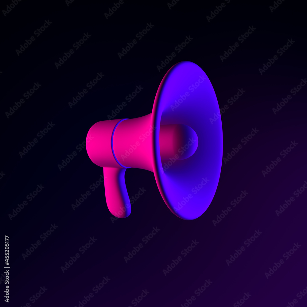 Poster megaphone neon icon. 3d rendering ui ux interface element. dark glowing symbol.