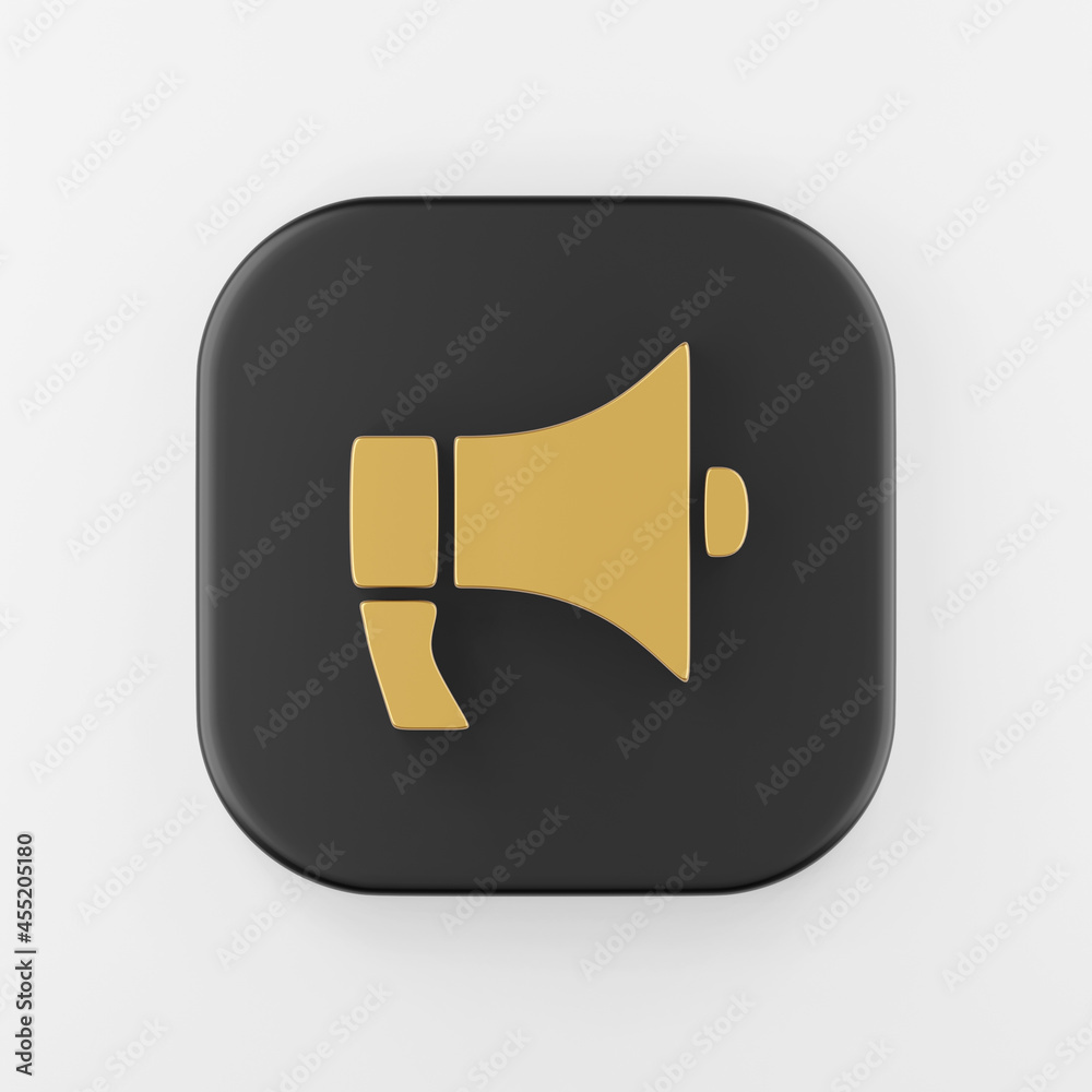 Poster golden megaphone icon in flat style. 3d rendering black square key button, interface ui ux element.