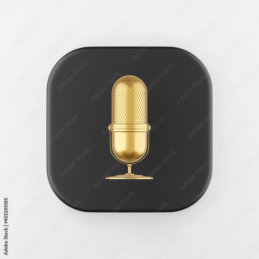 Poster gold microphone icon. 3d rendering black square key button, interface ui ux element.