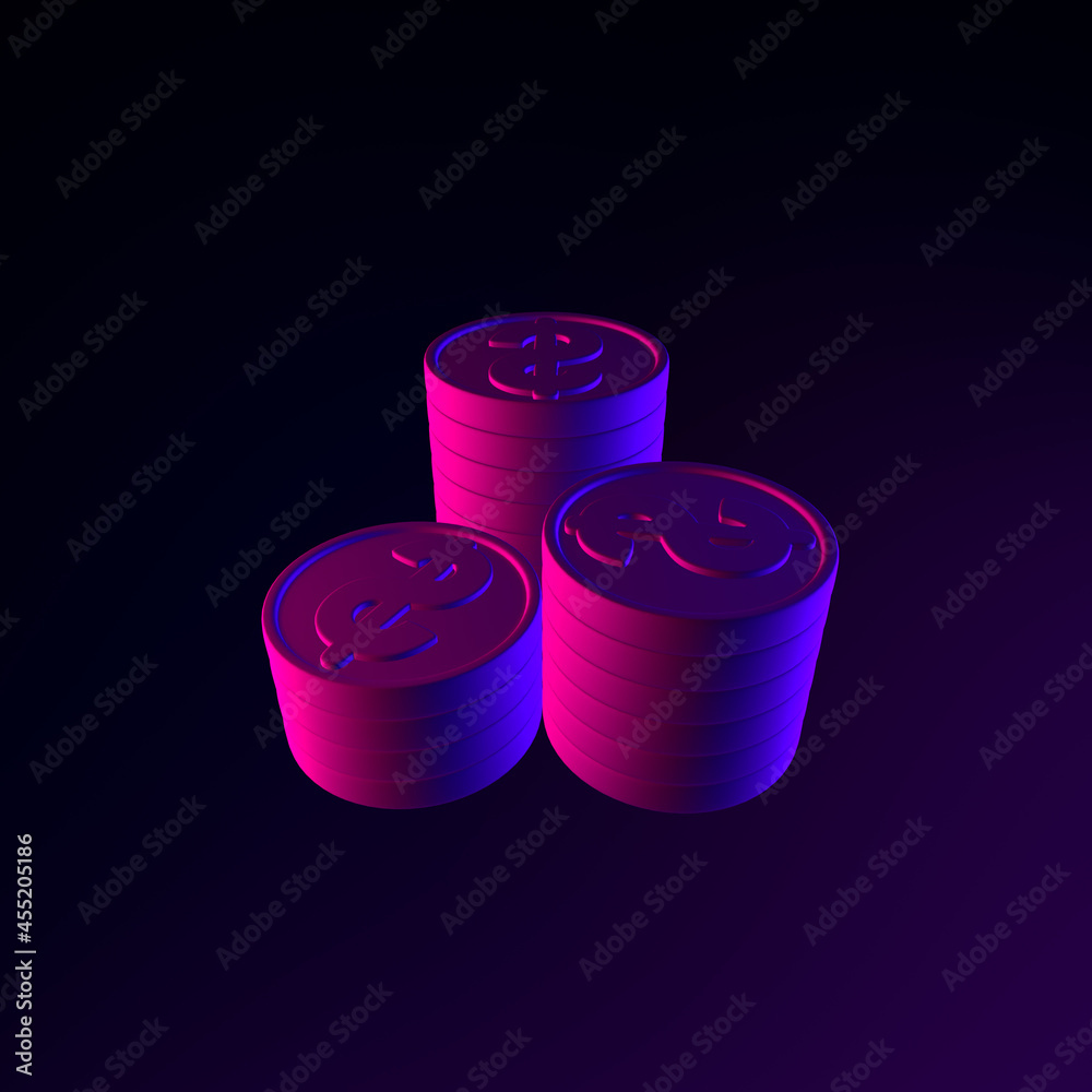 Poster neon folded coins icon. 3d rendering ui ux interface element. dark glowing symbol.