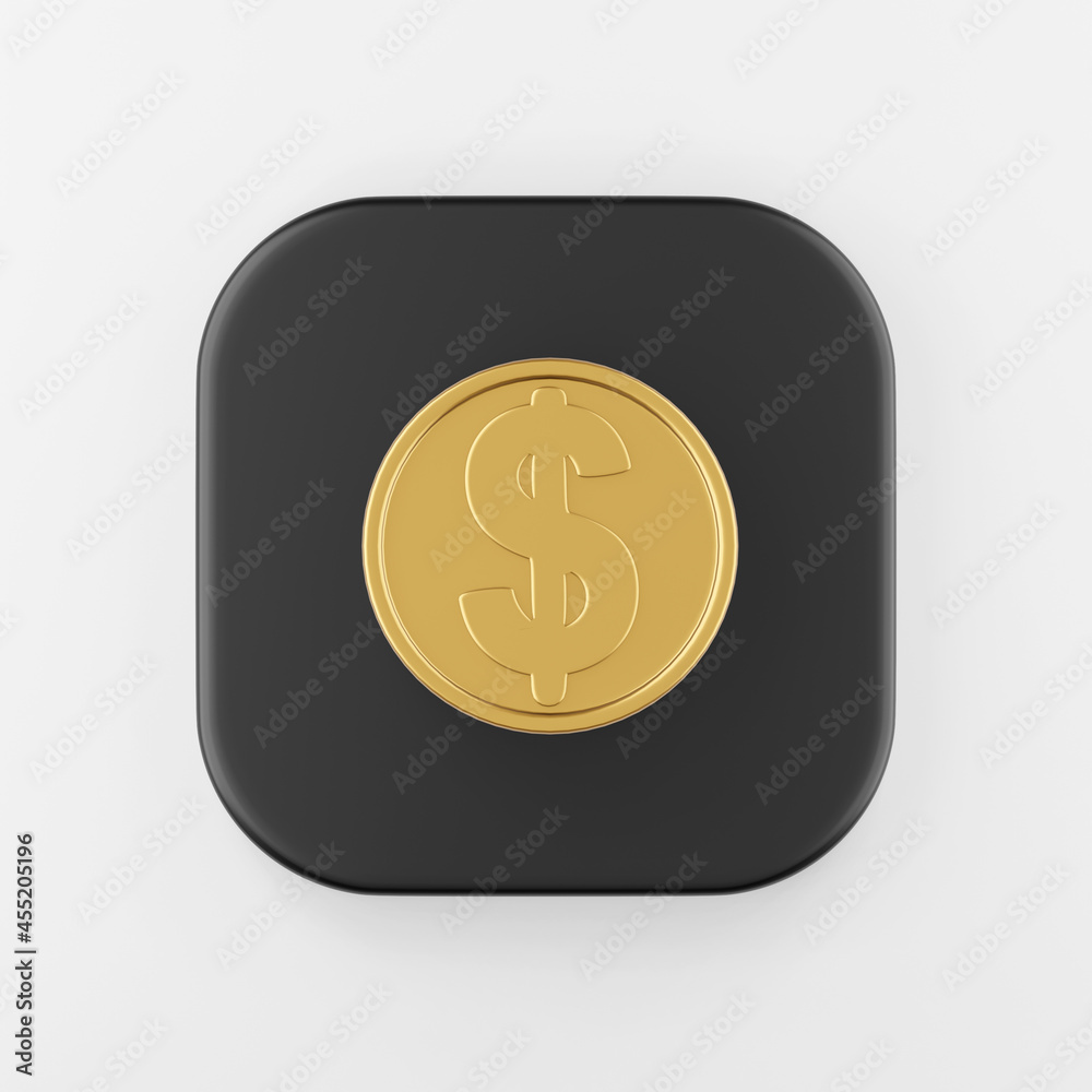 Poster dollar gold coin icon in cartoon style. 3d rendering black square button key, interface ui ux elemen