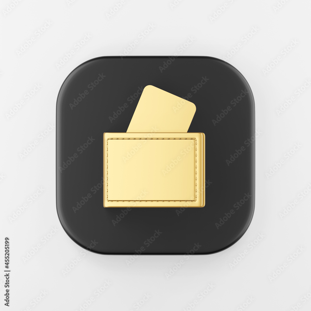 Poster gold wallet icon with bank cards. 3d rendering black square button key, interface ui ux element.