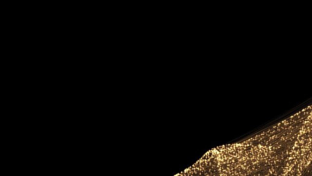 A grid of gold threads with stars at the ends rotates in the right corner of the black screen. Starry fiber optic.