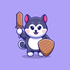 Cute husky dog with wooden sword and wooden shield