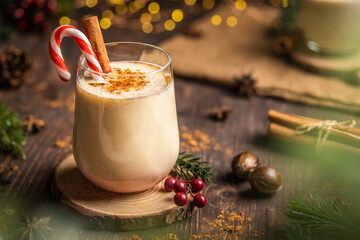 Eggnog with spicy cinnamon.Christmas and winter holidays,Cozy cocktail with cinnamon and candy...
