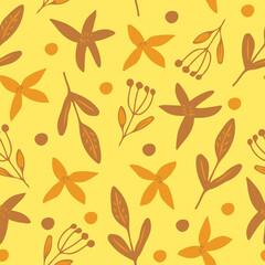 flowers, leaves seamless pattern. doodle vector hand drawn minimalism simple. wallpaper, textiles, wrapping paper. brown, yellow, autumn, fall.