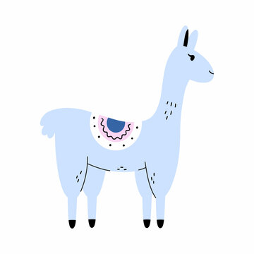 Cute llama in doodle style. Blue alpaca for printing on children clothes and postcards. Poster for nursery. Sticker with lama.