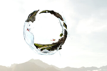 Green sphere landscape with grass and clear water